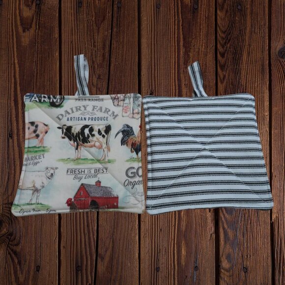 Handmade Potholder, Set of 2, Reversible Farm and White and Black Ticking - Picture 3 of 6